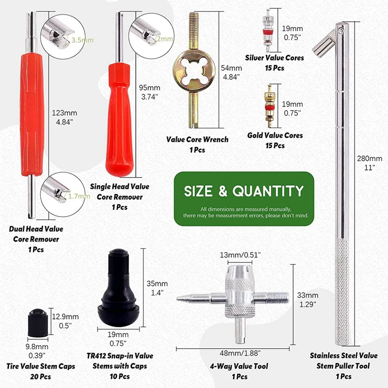 

65Pcs Valve Stem Puller Tools Set,TR412 Snap-in Valve Stems & Caps,4 Way Valve Core Remover Installer Tool
