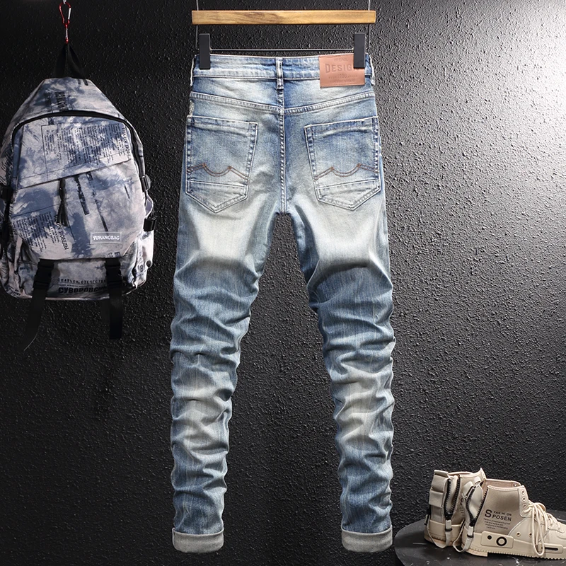 Street Style Fashion Men Jeans Retro Blue Slim Fit Destroyed Hole Ripped Jeans Men Patchwork Vintage Designer Casual Denim Pants