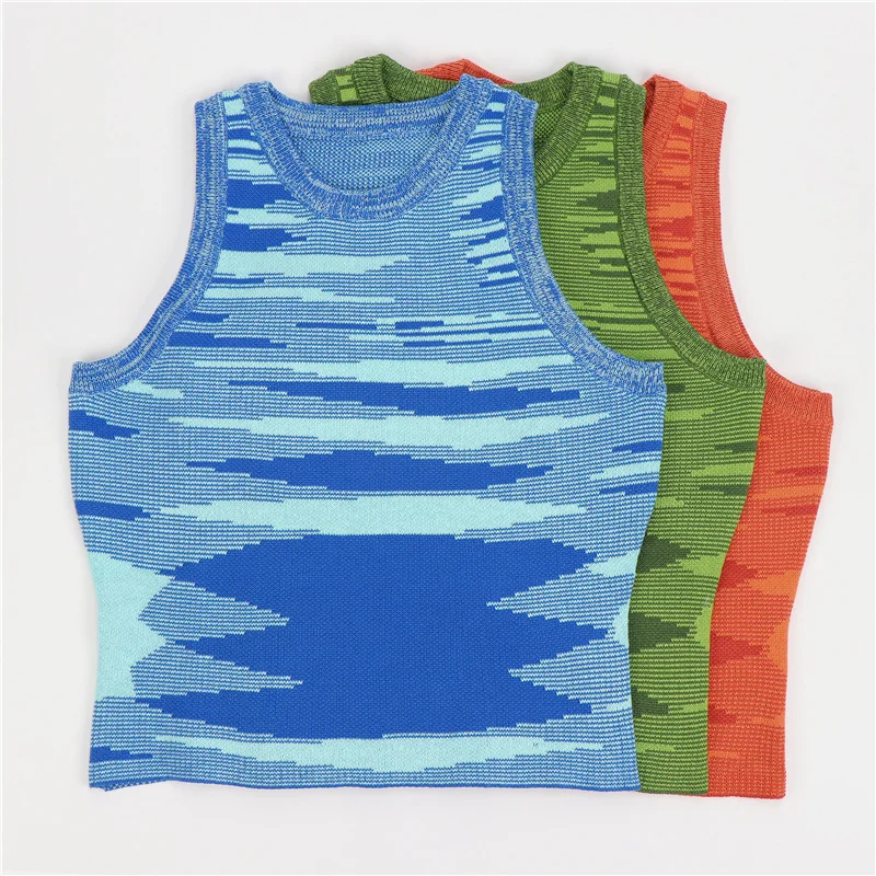 

Summer Knitted Crop Top Women Casual Y2K Summer Sleeveless T Shirts O Neck Sexy Off Shoulder Blue Fashion Ladis Tank Top 2021