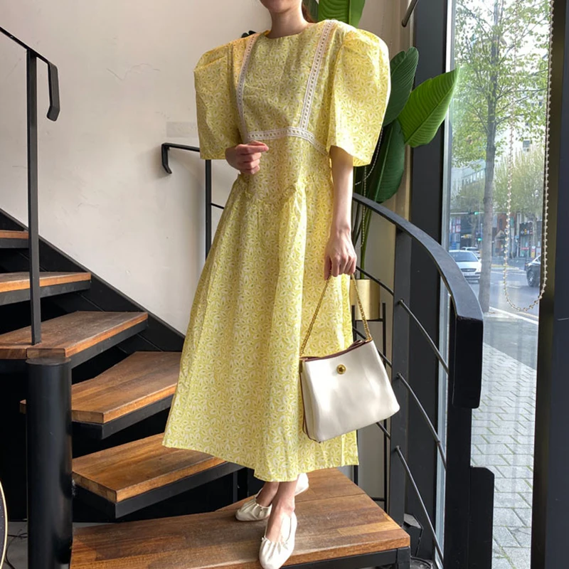 Женское длинное платье с рукавами пузырьками [EWQ] элегантное свободное круглым