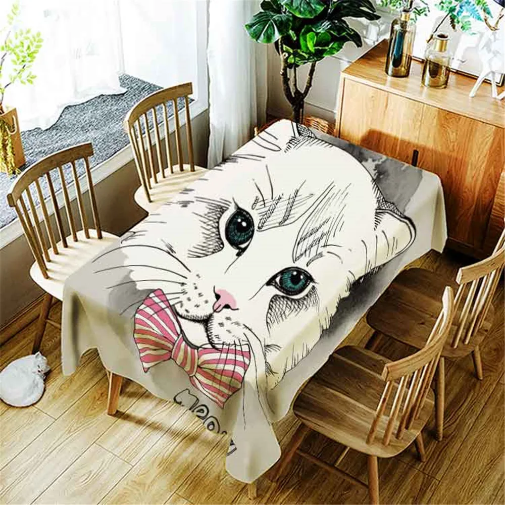 

Cartoon Cat With Bow Animal Printing Polyester Waterproof Tablecloth Home Decoration Washable Dustproof Rectangular Table Cloth