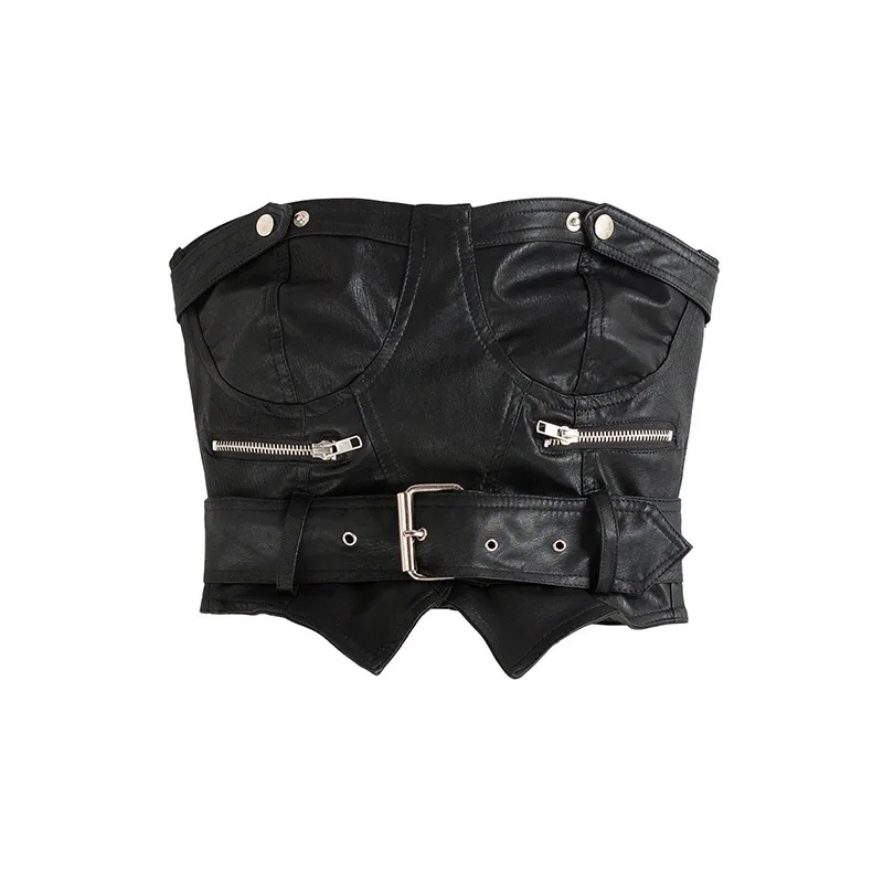 

PU Leather Club Crop Top Haut Femme Clubwear Sleeveless Tank Top Fitness Workout Bralette Tees Zipper Open Punk Style Tanks