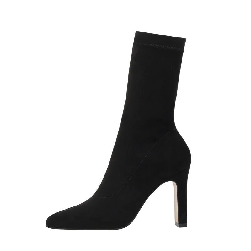 

autumn winter new suede thick heeled women's net red boots square heel middle high heel single shoes pointed boots