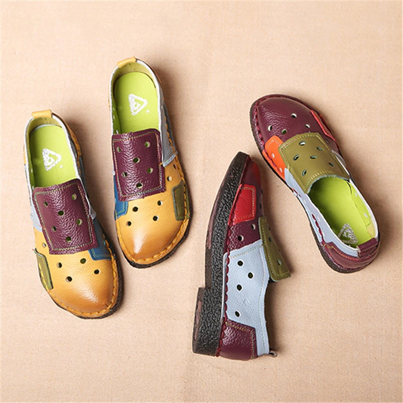 Женские кожаные туфли размера плюс 35-42 цветные дышащие лоферы женские летние на