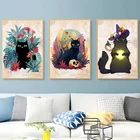 Настенная картина Черный кот в цветах, рисунок на холсте в скандинавском стиле, Декор для дома, гостиной, спальни