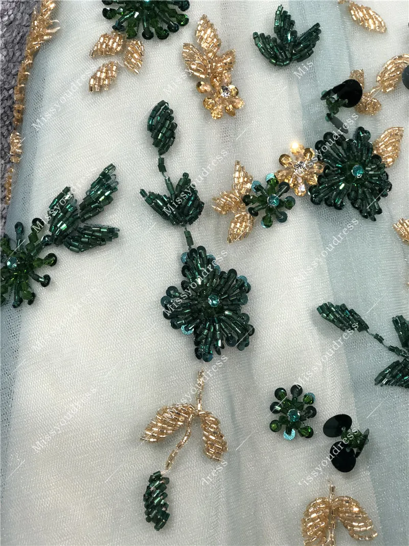 Green and Gold Color Heavy Beads Real Photos A-line V-neck Sleeveless Floor Length Party Prom Dancing Women Evening Dresses Gown