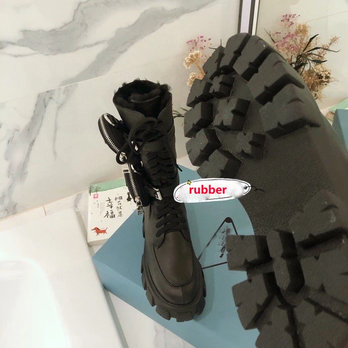 

Real Leather Mid-Calf Height Increasing Woman Motorcycle Boots Plush Velvet Pockets Bag Brand Designer Triangle Long Boots 2021