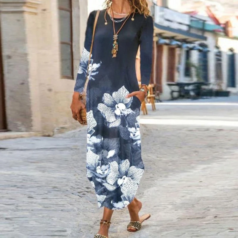 Модное женское осеннее платье с круглым вырезом винтажным принтом для вечеринок
