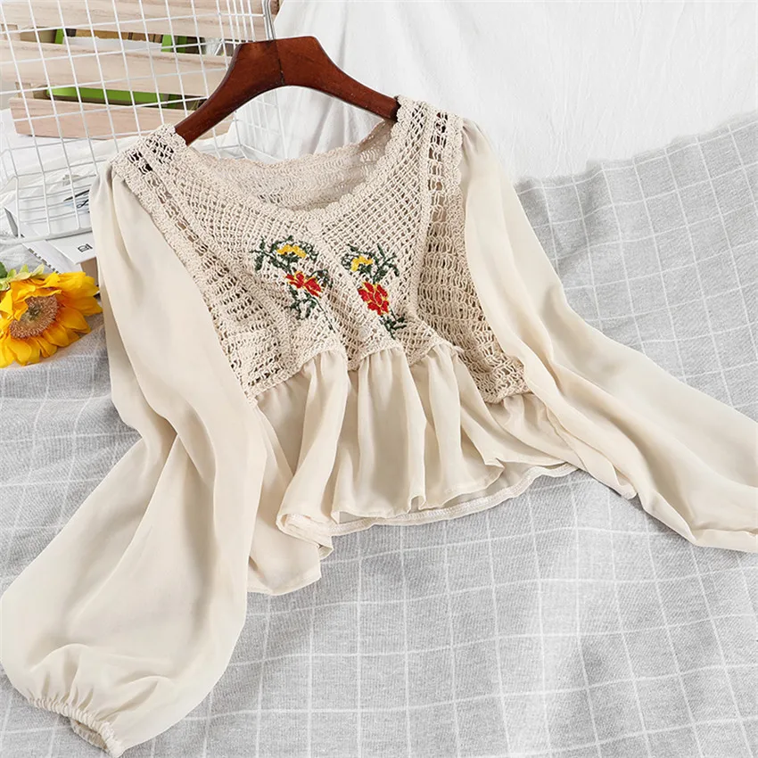 

2022 Spring Autumn Chiffon Blouse Shirt Women Long Sleeve Floral Embroidery Boho Clothing Blouse Crochet Crop Top Blusa Mujer