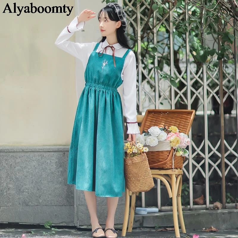 Новинка, Mori Girl, Осенний женский сарафан, бежевое, розовое, зеленое, синее, Цветочная вышивка, без рукавов, длинное платье, элегантное, винтажное, вельветовое платье