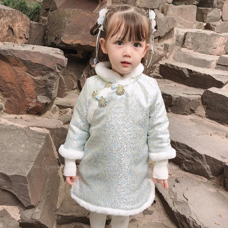 Girls Children Chinese Style Retro Qipao Dress New Year Outfits Baby Kid Hanfu Cheongsam Tang Suit Traditional Oriental Clothing |
