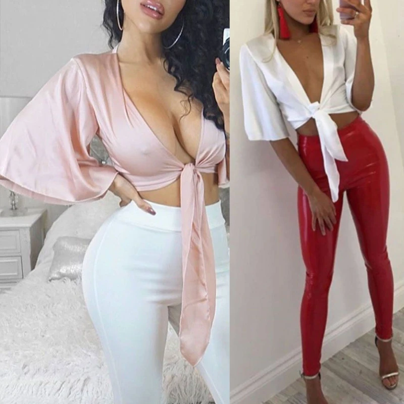 

Women Ladies Satin Tie Knot Front Flared Short Sleeve Shirt Plunge Neck Crop Top Chiffon Shirt