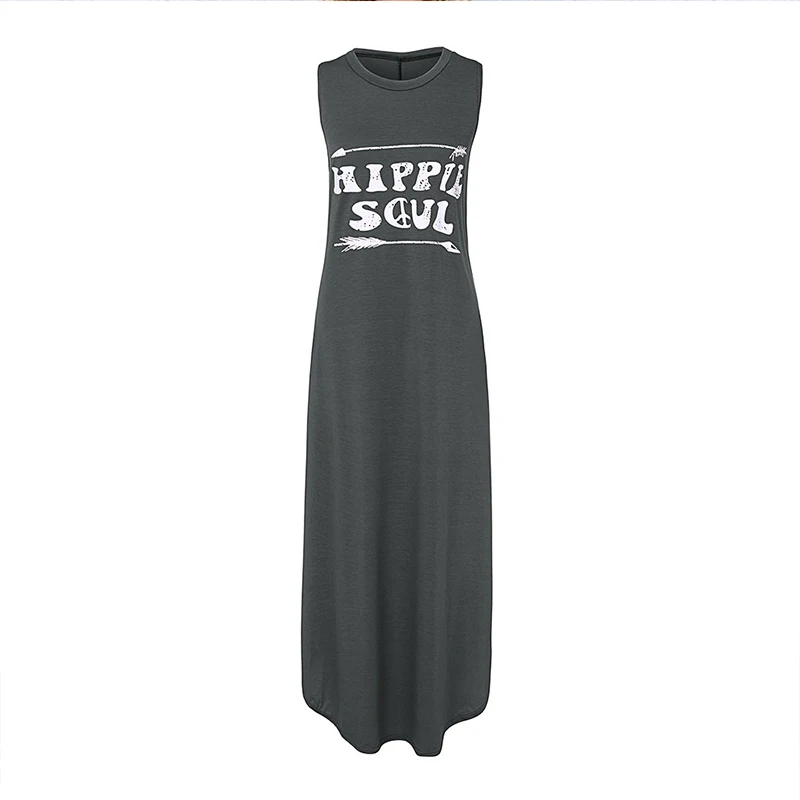

Casual Women O-Neck Long Dresses Summer Letter Printed Sleeveless Beach Sundress Daliy Boho Long Maxi Dress Vestidos