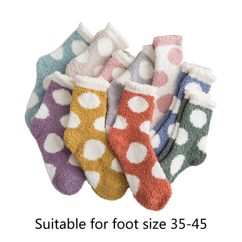 

10 Pairs Women Winter Thick Coral Velvet Slipper Socks Kawaii Polka Dot Jacquard Candy Color Cozy Warm Sleeping Hosiery