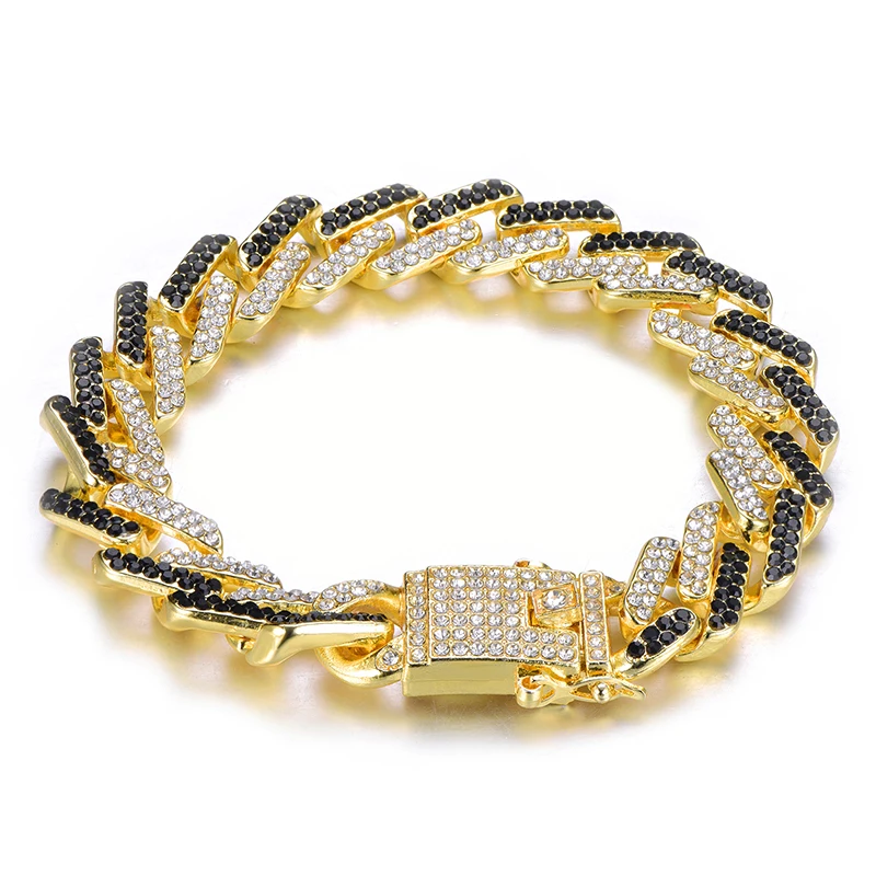 goldblack bracelet D&Z, 13 мм, в стиле хип-хоп, со льдом, Bling, циркониевые, в стиле Майями, кубинские звенья, ожерелья-цепочки для мужчин, модные ювелирные изделия, 1 комплект, Прямая поставка - Окраска металла: goldblack bracelet