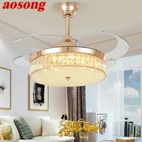 aosong ceiling fan light invisible gold luxury crystal led lamp with remote control modern for home