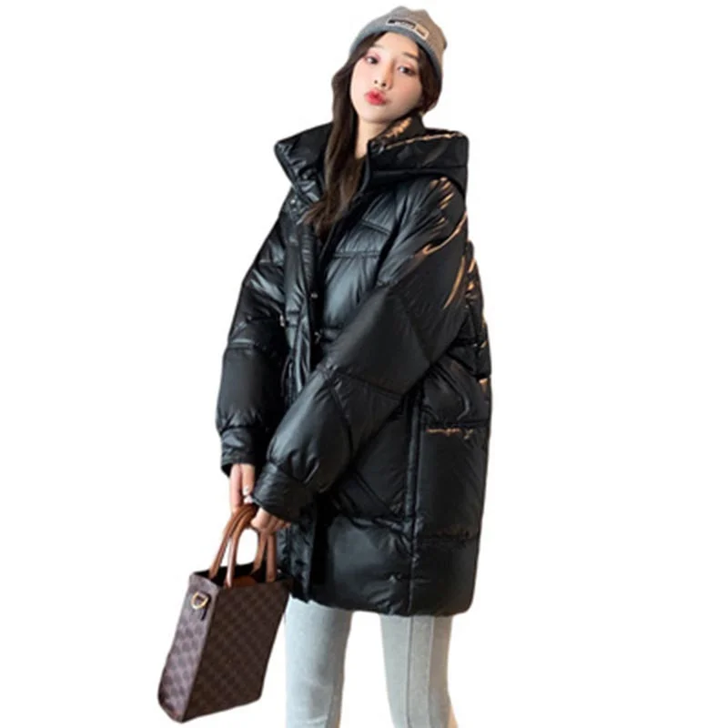 

Зимнее длинное пальто для женщин, блестящая голографическая хлопковая Толстая Свободная куртка с капюшоном и лазерным узором, Повседневна...