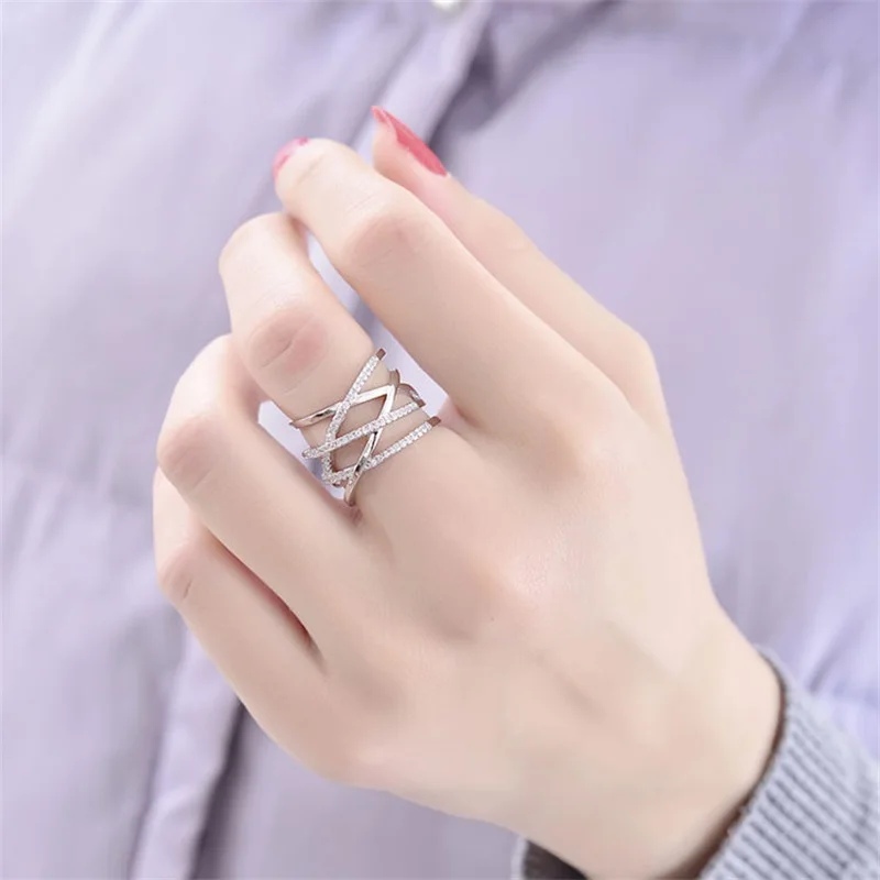 

Korean Exaggerated Inlaid Zircon Open Rings 2021 Fashion Metal Cross Opening Ring Rose Gold /Silver Finger Party Rings Jewelry