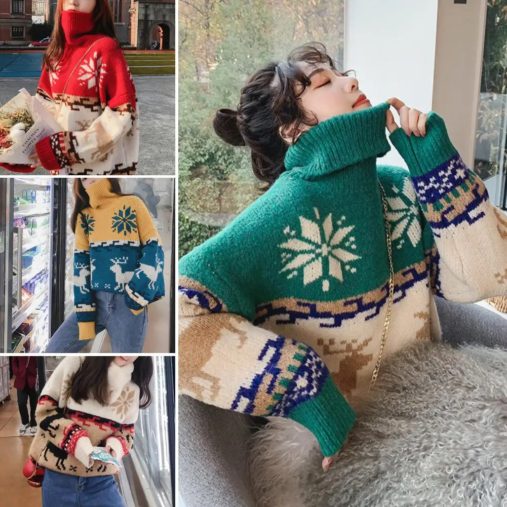 

Christmas Elegant Autumn Sweater Women Winter Deer Print Turtle Neck Pullover Knitwear Loose Sweater Ladies winter sweaters