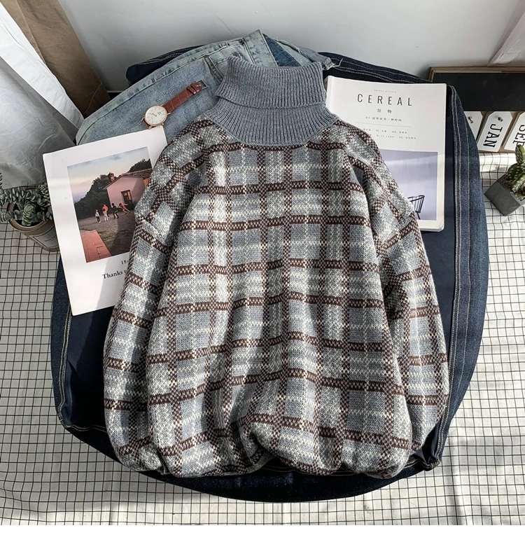 Winter Turtleneck Sweater Men's Warm Fashion Casual Retro Knit Pullover Men Streetwear Plaid Sweater Male Sweter Clothes