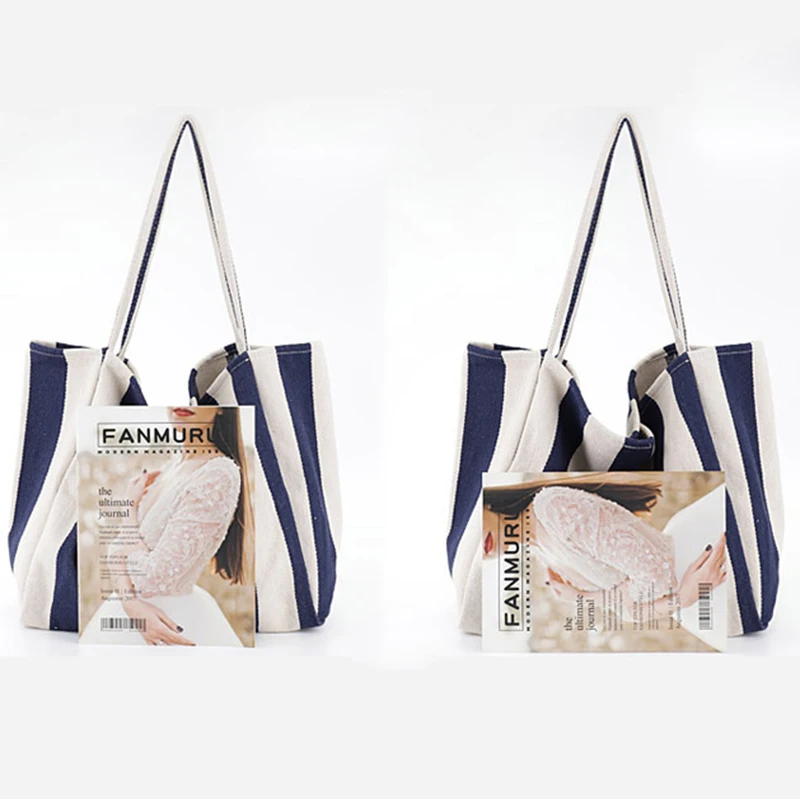 

Preppy Style Women Canvas Bags Striped Vintage Female Large Capacity Big Tote Handbag Ladies Casual Shoulder Bags Women