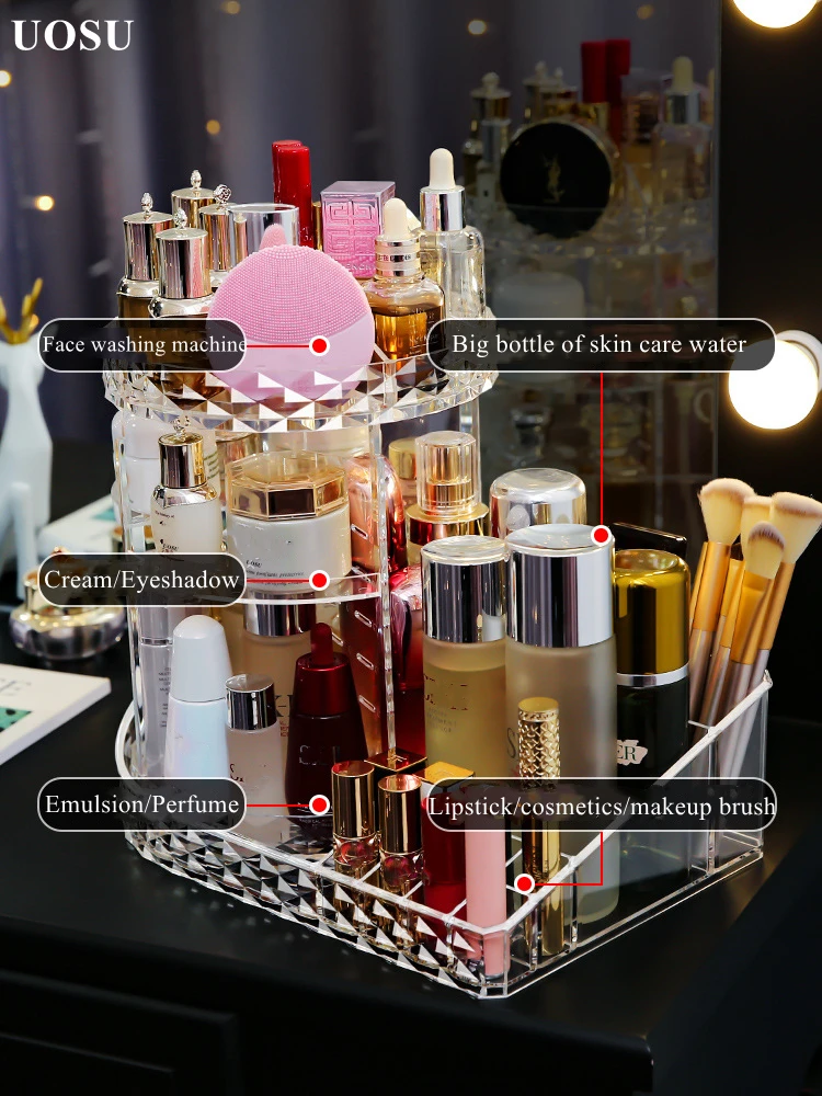 UOSU 360 Degree Rotation Make Up Organizer Box Cosmetic Transparent Fashion Spin Multi-Function Detachable Acrylic | Дом и сад