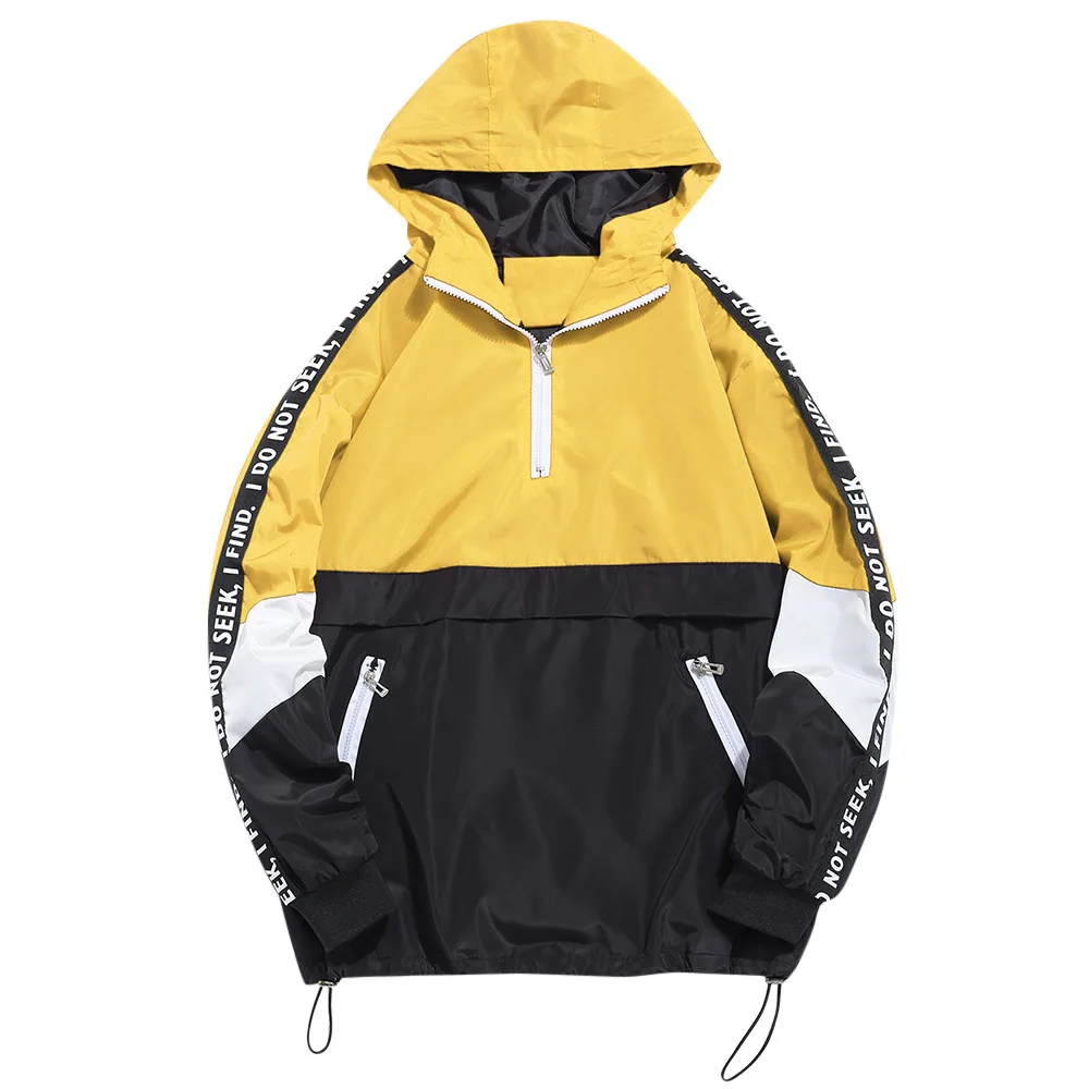 Yellow ZAFUL Мужская цветная толстовка с боковой надписью в полоску, быстросохнущая толстовка с карманами на молнии, ветрозащитные графические толстовки, Студенческая хип-кофта с капюшоном в стиле поп - Цвет: Yellow