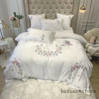 chic embroidery white pink duvet cover set satin like silk cotton bedding set duvet cover king size