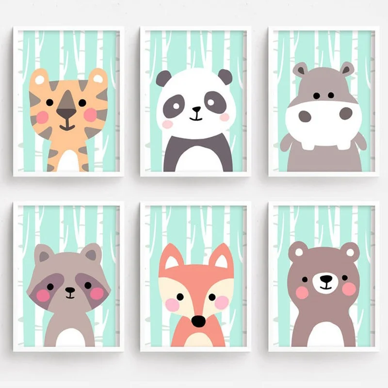 

Bear Panda Raccoon Fox Hippo Tiger Nordic Posters And Prints Nursery Wall Art Canvas Painting Wall Pictures Baby Kids Room Decor