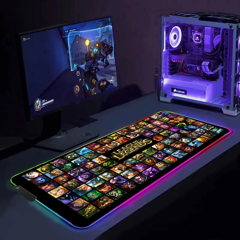 

RGB игровой большой коврик для мыши League of Legends, цветной светящийся коврик для клавиатуры, нескользящий мягкий Настольный коврик, высококачест...