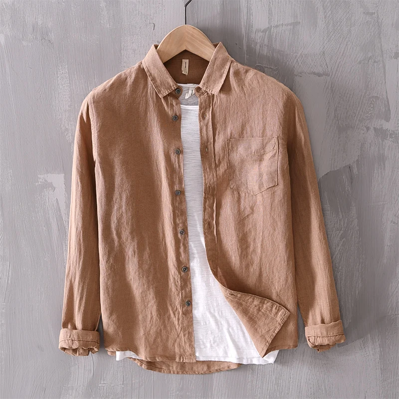 

New arrival solid brand linen shirt men fashion casual green shirts for men pure flax shirt mens comfortable shirts male chemise