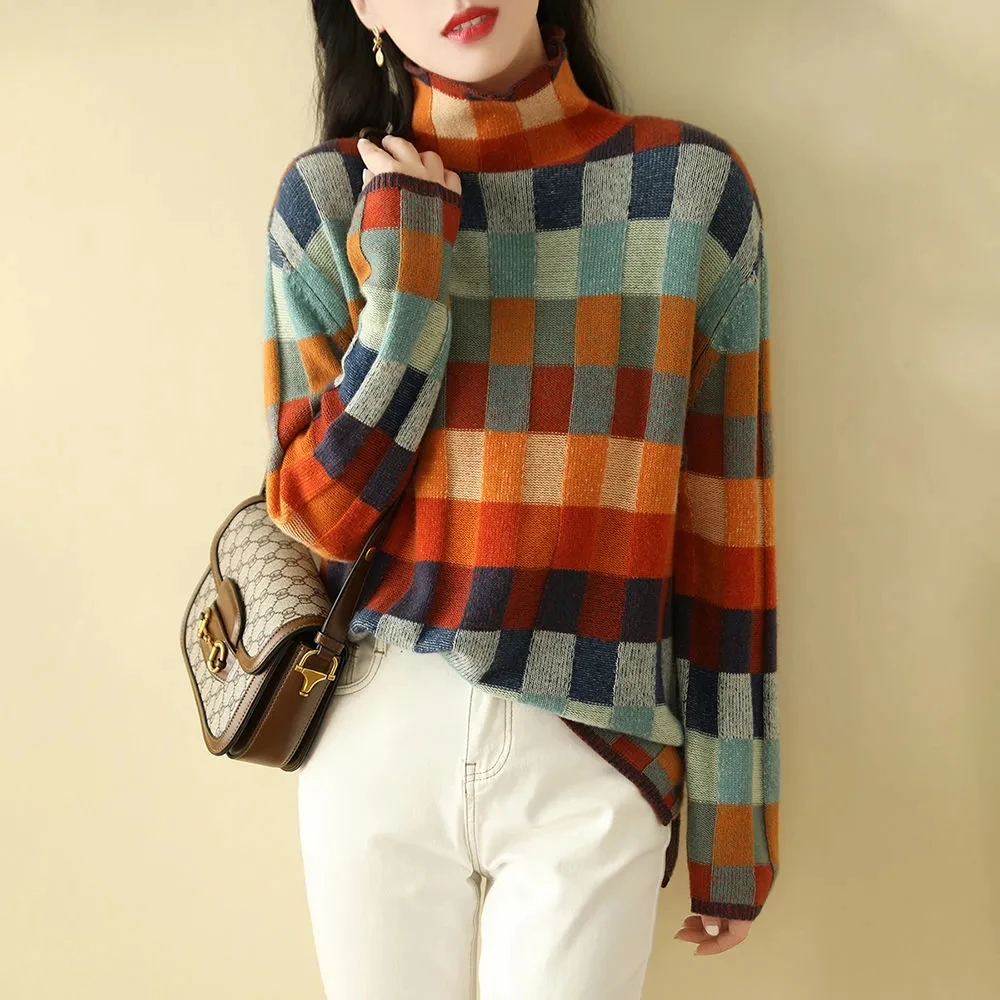 

Women Sweater Turtleneck Sweaters Women Knitted Vintage Colorful Plaid Stripped Lo Sleeve Tops Spring Autumn Nice Sweaters SY021