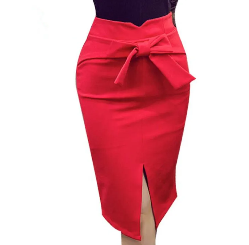 

Women Skinny Pencil Skirt Plus Size New Fashion Knee Length High Waist Casual Bodycon Skirt Bow Skirts