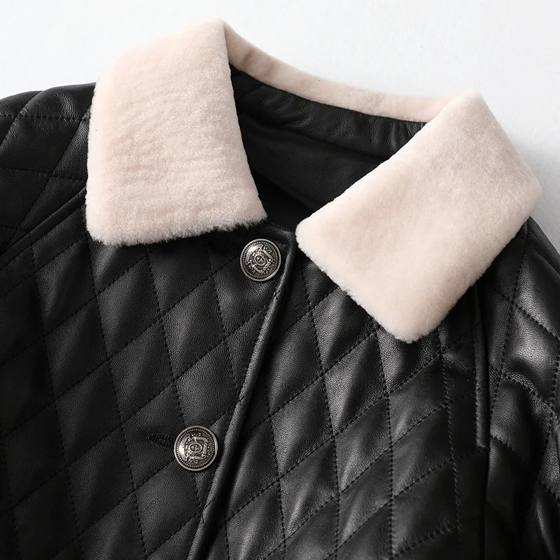 Spring Black Printed New Leather Formal Coat Autumn Women Wool Collar Short Jacket Cotton Lining