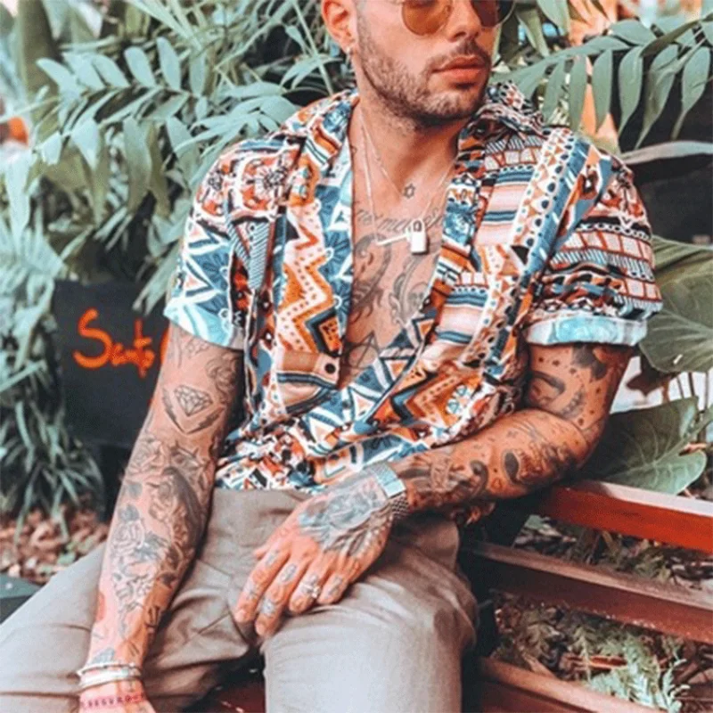 

2021 spring and summer new men's short sleeve Hawaiian leisure holiday style printed top trendy men