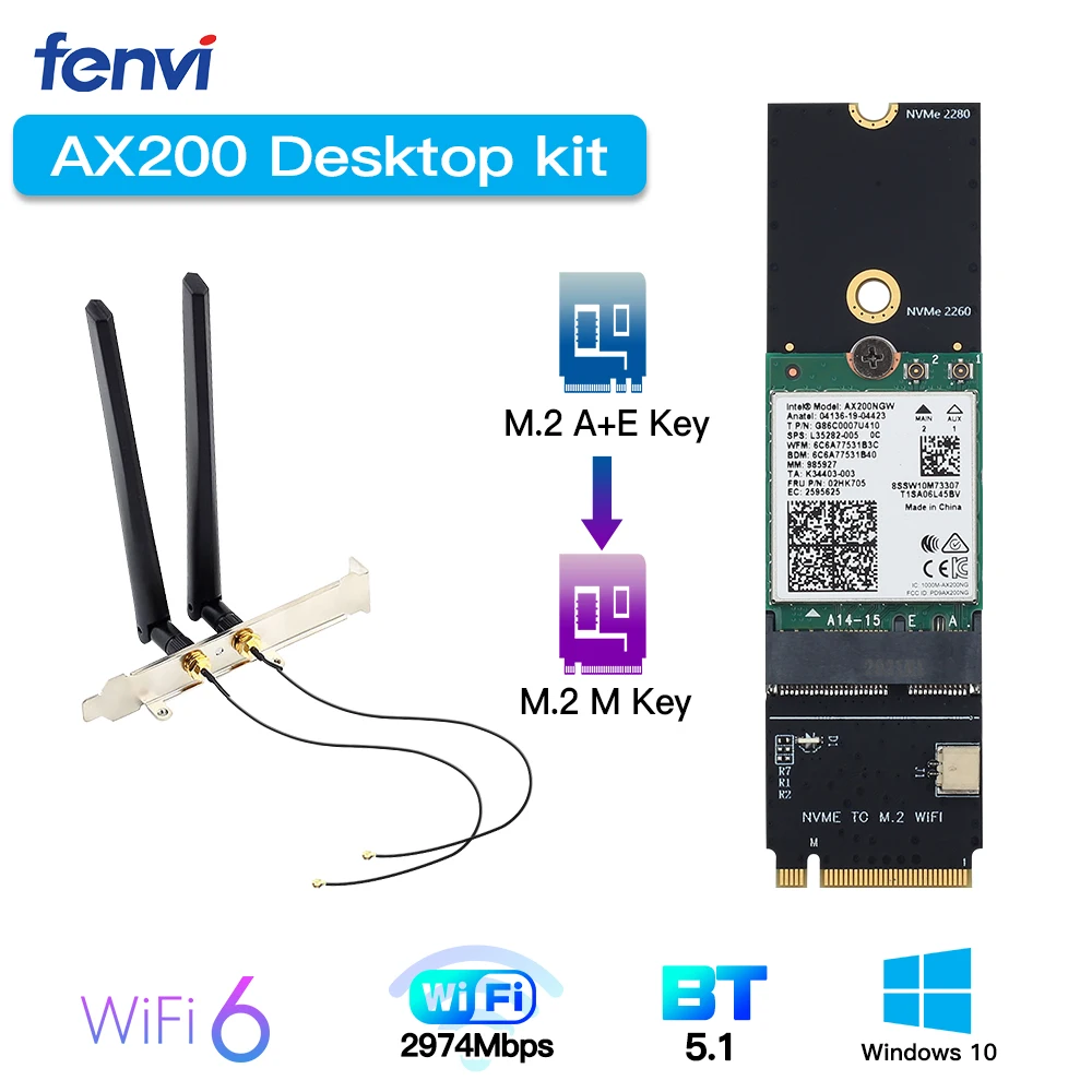 3000 Мбит/с для беспроводной карты WiFi6 Intel AX200 WiFi6E AX210 BT5.1 M.2 A + E Key для M.2 M Key NVMe SSD порт сетевой Wlan Wi-Fi адаптер