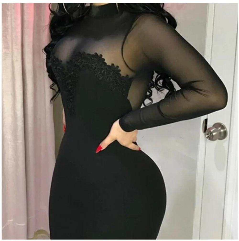 

Aniow New Design Sheer Mesh Patchwork See Through Sexy Mini Dress Long Sleeve Party Night Club Dresses Backless Birthday Robe