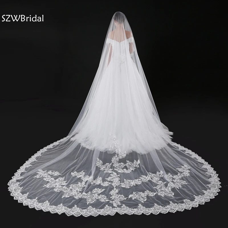 

New Arrival Lace Edge Ivory Bridal veil Cathedral wedding dress veil Blusher weeding accessoire Welon katedralny