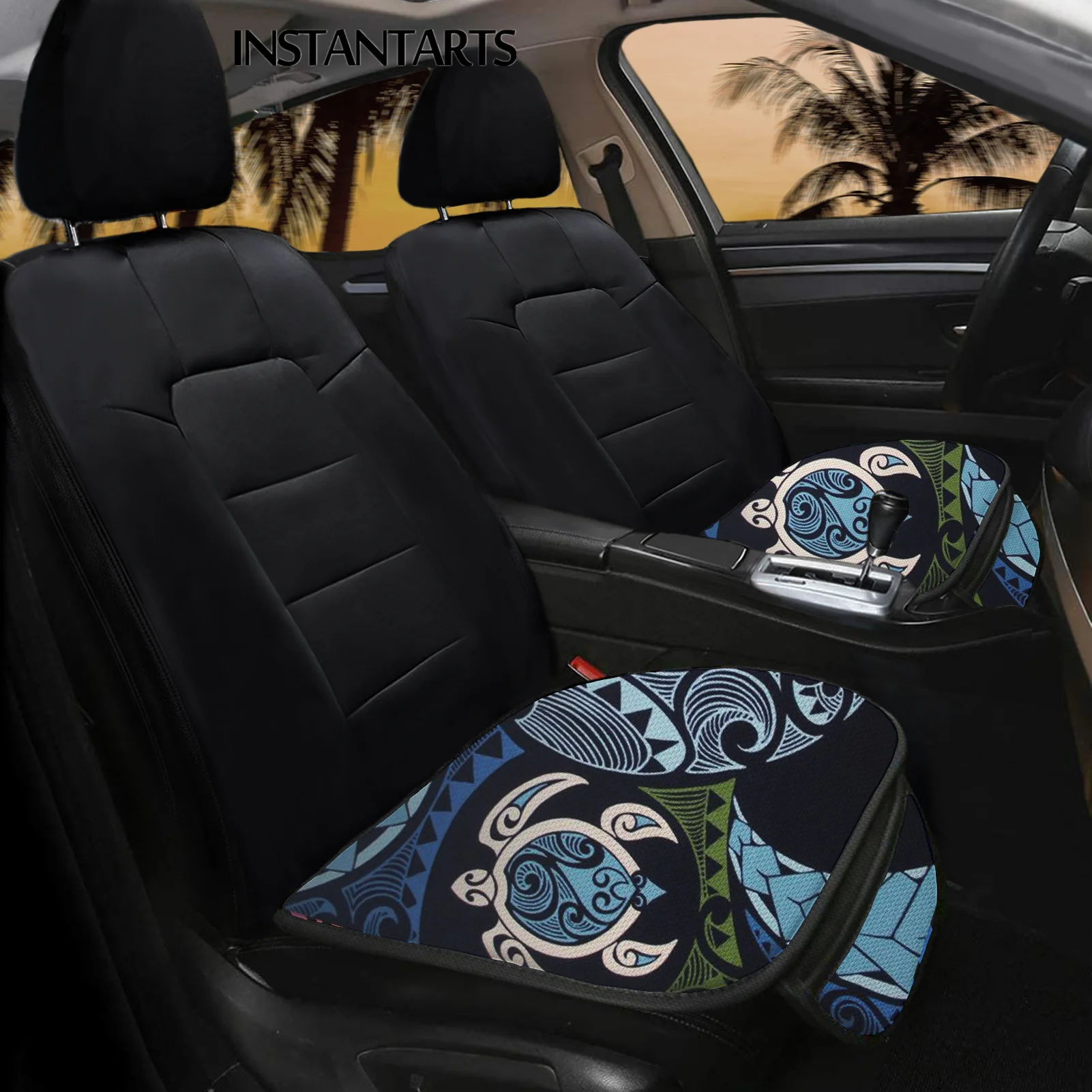 

INSTANTARTS Fabric Hawaiian Honu Sea Turtle Swirl Prints Non Slide 2pcs/Set Auto Protector Mat Pad Front Auto Seat Cushion Cover