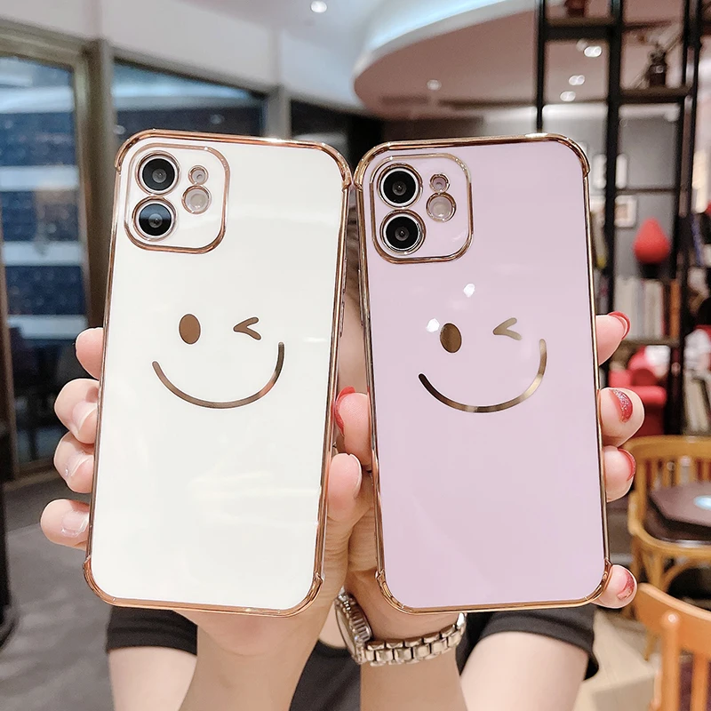 

Ultra-thin Cute Smile Gold Plated Silicone Phone Case For iPhone 13 11 12 Pro XSMax XR 8 7 Plus Luxury Electroplated Cover Funda