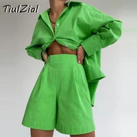tiulzial casual women short set tracksuit loungewear two piece women outfits oversized long shirt and high waist shorts green