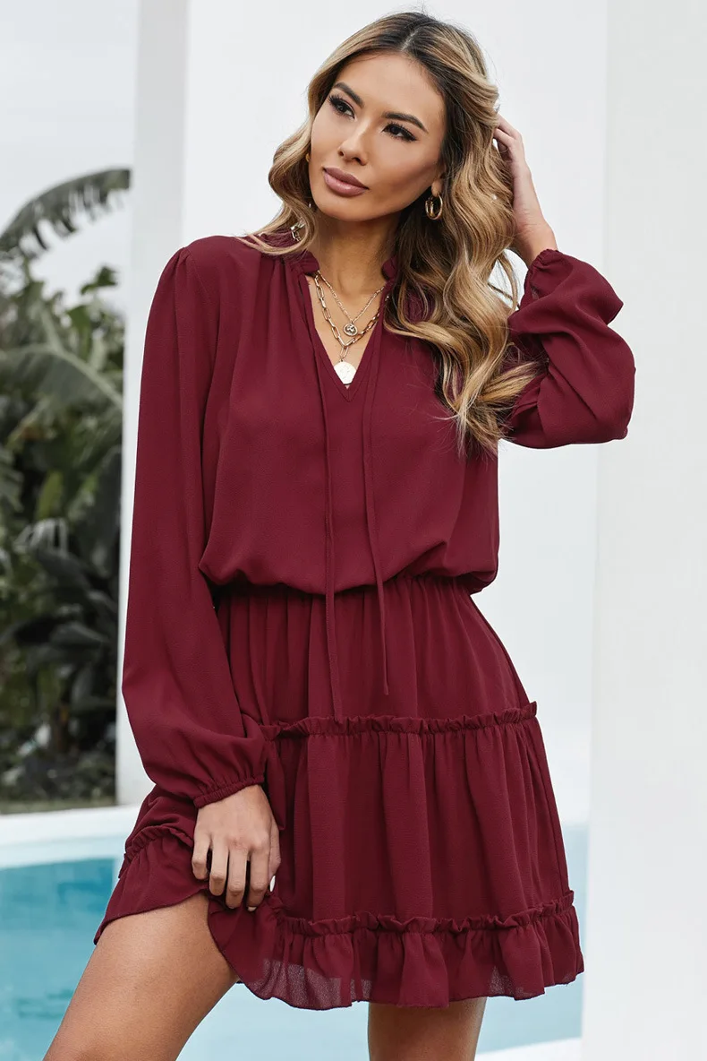 

Fashion Summer Pure Color Dress Pure Color Short Skirt Is Thin Temperament Hedging Loose Knee-length Dress Long Skirt Sweet