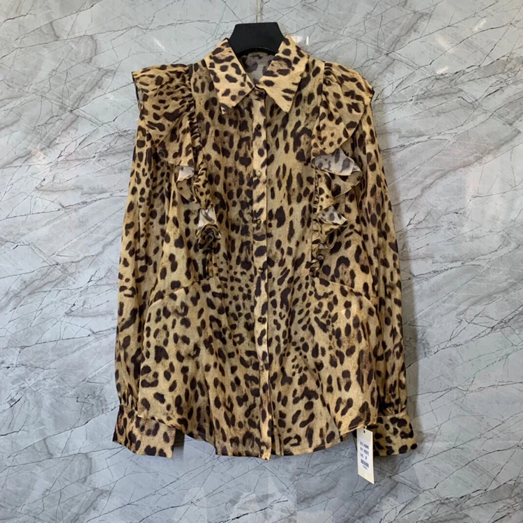 

2021 new women fashion lapel leopard print decoration long-sleeved all-match shirt 092