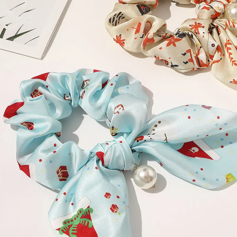 

Rubber Bands Xmas Hair Scrunchies Rabbit Ears Fashion Rope Christmas Cute Tie Pearl Ponytail Hair Accessories Elastic Hairbands