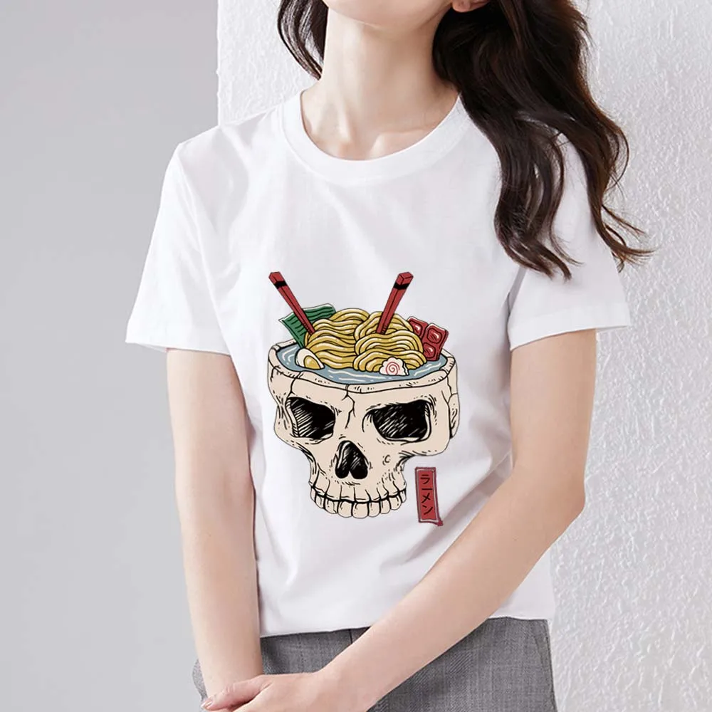 

Tshirt Women's Trend Casual Self-cultivation Fashion Skull Instant Noodle Pattern Printing Commuter Soft O-neck Ladies White Top