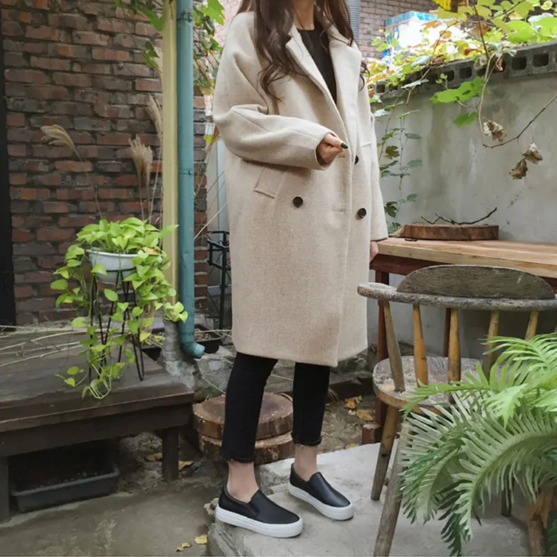 

New Thin Wool Blend Coat Women Long Sleeve Turn-down Collar Outwear Jacket Casual Autumn Winter Overcoat Korean Style