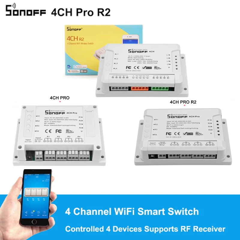 Интеллектуальный выключатель света Sonoff 4ch Pro R2 4-канальный WiFI переключатель c креплением на рейке Din Беспроводной интеллигентая(ый) РЧ пульт дистанционного управления Вкл/Выкл переключатель таймера умный дом eWeLink