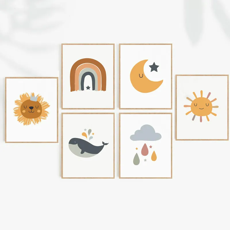Мультяшные анимации солнце звезды Плакаты и принты Луна Радуга Картина на холсте