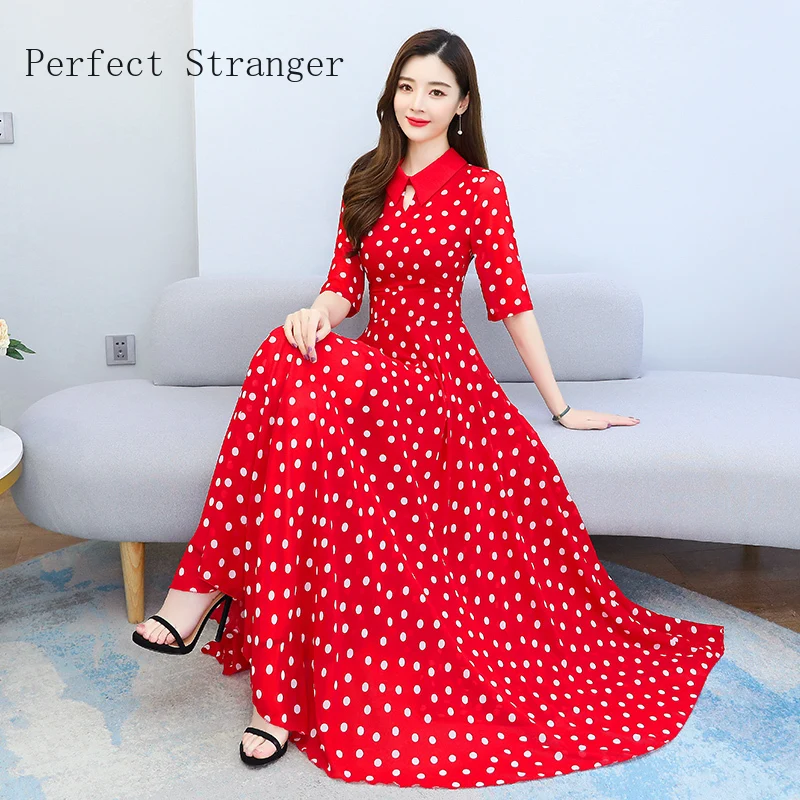 

2021 Spring Summer New Arrival Bohemian Style Dots Printed Short Sleeve Women Chiffon Long Dress M-4XL