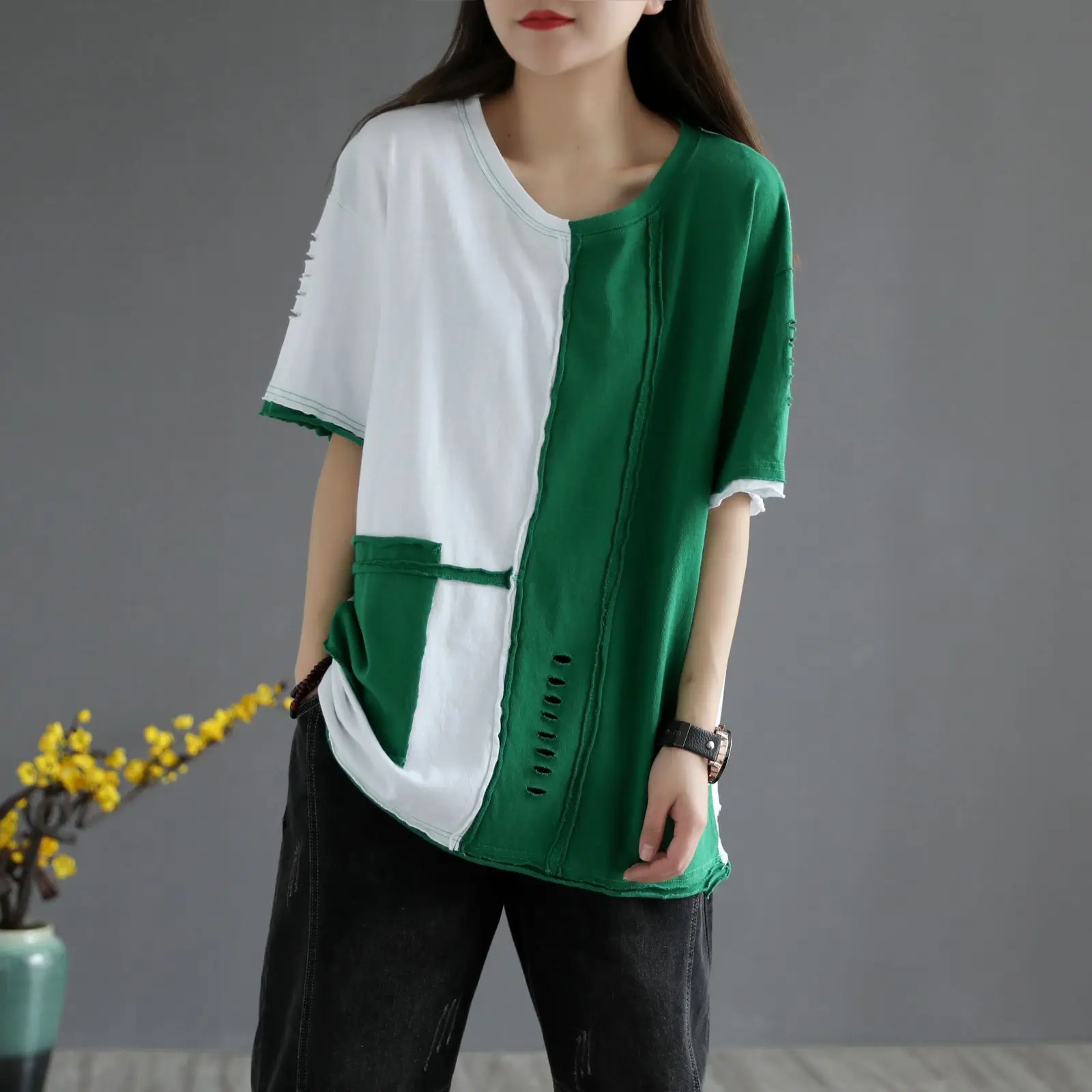 

Женская футболка составного кроя, винтажная хлопковая футболка с коротким рукавом, рваная, с о-образным вырезом, лето 211654